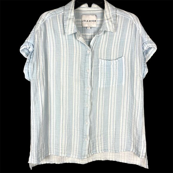 Lola River Anthropologie Cotton Gauzy Short Sleeve Button Down Blouse Sz L Boxy - Picture 1 of 10